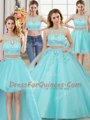 Charming Four Piece Ball Gowns 15th Birthday Dress Aqua Blue Scoop Tulle Sleeveless Floor Length Zipper