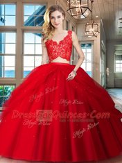 Best Selling Tulle V-neck Sleeveless Zipper Lace and Ruffled Layers 15th Birthday Dress in Red