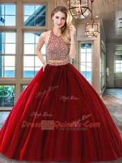 Ideal Wine Red Halter Top Neckline Beading Sweet 16 Dresses Sleeveless Backless