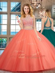 Exquisite Watermelon Red Scoop Backless Beading Quince Ball Gowns Sleeveless