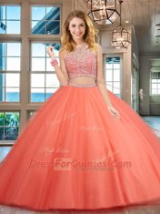 Exquisite Watermelon Red Scoop Backless Beading Quince Ball Gowns Sleeveless