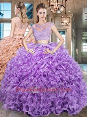 Great Scoop Cap Sleeves Organza Sweet 16 Quinceanera Dress Beading and Appliques and Ruffles Zipper