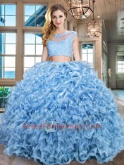 Noble Floor Length Baby Blue Ball Gown Prom Dress Scoop Cap Sleeves Zipper