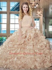 Organza Bateau Sleeveless Brush Train Lace Up Lace and Ruffles Vestidos de Quinceanera in Pink