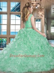 Organza Bateau Sleeveless Brush Train Lace Up Lace and Ruffles Vestidos de Quinceanera in Pink