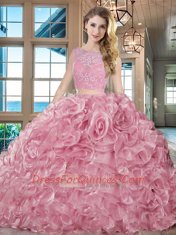 Organza Bateau Sleeveless Brush Train Lace Up Lace and Ruffles Vestidos de Quinceanera in Pink