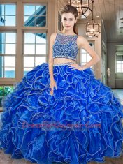 Red Bateau Side Zipper Beading and Ruffles Quinceanera Gown Sleeveless