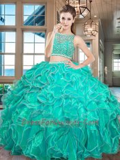 Red Bateau Side Zipper Beading and Ruffles Quinceanera Gown Sleeveless