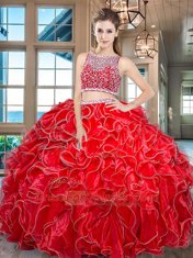 Red Bateau Side Zipper Beading and Ruffles Quinceanera Gown Sleeveless