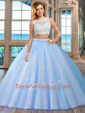 Discount Sleeveless Tulle Floor Length Side Zipper Vestidos de Quinceanera in Blue with Beading