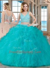 Glittering Two Pieces Quinceanera Gowns Teal V-neck Tulle Sleeveless Floor Length Zipper