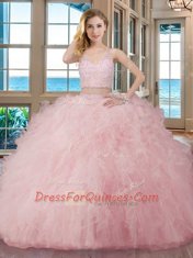 Glittering Two Pieces Quinceanera Gowns Teal V-neck Tulle Sleeveless Floor Length Zipper