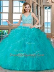 Glittering Two Pieces Quinceanera Gowns Teal V-neck Tulle Sleeveless Floor Length Zipper