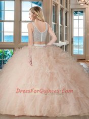 Glittering Two Pieces Quinceanera Gowns Teal V-neck Tulle Sleeveless Floor Length Zipper