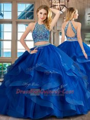 Adorable Royal Blue Scoop Neckline Beading and Ruffles 15th Birthday Dress Sleeveless Backless