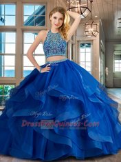 Adorable Royal Blue Scoop Neckline Beading and Ruffles 15th Birthday Dress Sleeveless Backless