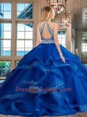 Adorable Royal Blue Scoop Neckline Beading and Ruffles 15th Birthday Dress Sleeveless Backless
