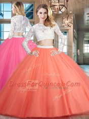 Custom Designed Tulle Scoop Long Sleeves Zipper Beading and Lace Quinceanera Gowns in Watermelon Red