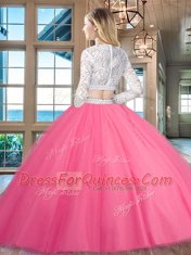 Custom Designed Tulle Scoop Long Sleeves Zipper Beading and Lace Quinceanera Gowns in Watermelon Red