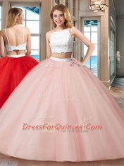 Pink Two Pieces Tulle Straps Sleeveless Beading Floor Length Backless Quince Ball Gowns