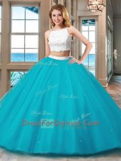 Pink Two Pieces Tulle Straps Sleeveless Beading Floor Length Backless Quince Ball Gowns