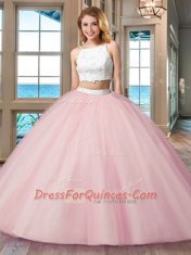 Pink Two Pieces Tulle Straps Sleeveless Beading Floor Length Backless Quince Ball Gowns