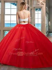 Pink Two Pieces Tulle Straps Sleeveless Beading Floor Length Backless Quince Ball Gowns