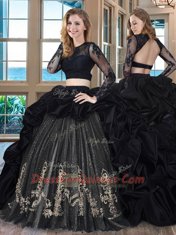 Dramatic Black Quinceanera Gowns Military Ball and Sweet 16 and Quinceanera and For with Embroidery and Pick Ups Scoop Long Sleeves Brush Train Backless