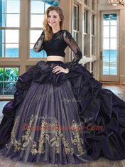 Dramatic Black Quinceanera Gowns Military Ball and Sweet 16 and Quinceanera and For with Embroidery and Pick Ups Scoop Long Sleeves Brush Train Backless
