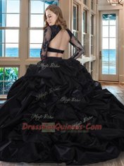 Dramatic Black Quinceanera Gowns Military Ball and Sweet 16 and Quinceanera and For with Embroidery and Pick Ups Scoop Long Sleeves Brush Train Backless