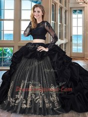 Dramatic Black Quinceanera Gowns Military Ball and Sweet 16 and Quinceanera and For with Embroidery and Pick Ups Scoop Long Sleeves Brush Train Backless
