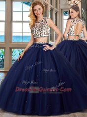 Dazzling Scoop Navy Blue Two Pieces Beading Quinceanera Dress Backless Tulle Cap Sleeves With Train