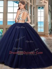 Dazzling Scoop Navy Blue Two Pieces Beading Quinceanera Dress Backless Tulle Cap Sleeves With Train