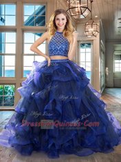 Royal Blue Backless Halter Top Beading and Ruffles Sweet 16 Dress Tulle Sleeveless Brush Train