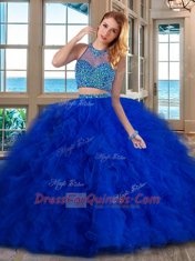 Adorable With Train Two Pieces Sleeveless Royal Blue 15th Birthday Dress Brush Train Lace Up
