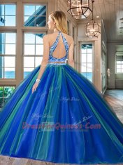 Backless Scoop Sleeveless 15 Quinceanera Dress Floor Length Beading Royal Blue Tulle