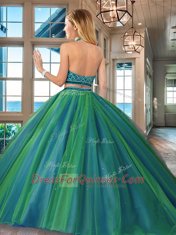 Dark Green Backless Halter Top Beading 15th Birthday Dress Tulle Sleeveless Brush Train