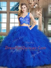 Royal Blue Zipper Quinceanera Gowns Lace and Ruffles Sleeveless Brush Train