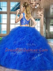 Royal Blue Zipper Quinceanera Gowns Lace and Ruffles Sleeveless Brush Train