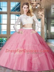 Scoop Long Sleeves Zipper Quinceanera Dress Rose Pink Tulle