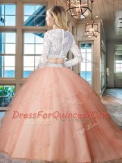 Scoop Long Sleeves Zipper Quinceanera Dress Rose Pink Tulle