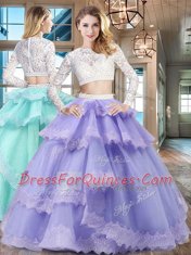 Scoop Long Sleeves Beading and Lace and Ruffled Layers Zipper Quinceanera Dress