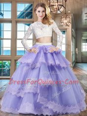 Scoop Long Sleeves Beading and Lace and Ruffled Layers Zipper Quinceanera Dress