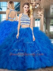 New Arrival Scoop Floor Length Two Pieces Sleeveless Blue 15th Birthday Dress Backless