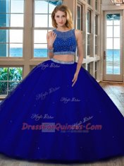 Perfect Scoop Royal Blue Two Pieces Beading Sweet 16 Quinceanera Dress Backless Tulle Sleeveless Floor Length