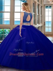 Perfect Scoop Royal Blue Two Pieces Beading Sweet 16 Quinceanera Dress Backless Tulle Sleeveless Floor Length