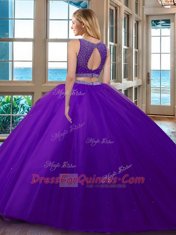 Perfect Scoop Royal Blue Two Pieces Beading Sweet 16 Quinceanera Dress Backless Tulle Sleeveless Floor Length