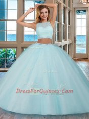 Perfect Scoop Royal Blue Two Pieces Beading Sweet 16 Quinceanera Dress Backless Tulle Sleeveless Floor Length