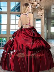 Backless Scoop Sleeveless Sweet 16 Dress Floor Length Beading and Appliques and Pick Ups Fuchsia Taffeta