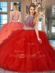 Extravagant Scoop Sleeveless Floor Length Beading and Ruffles Backless Quince Ball Gowns with Red